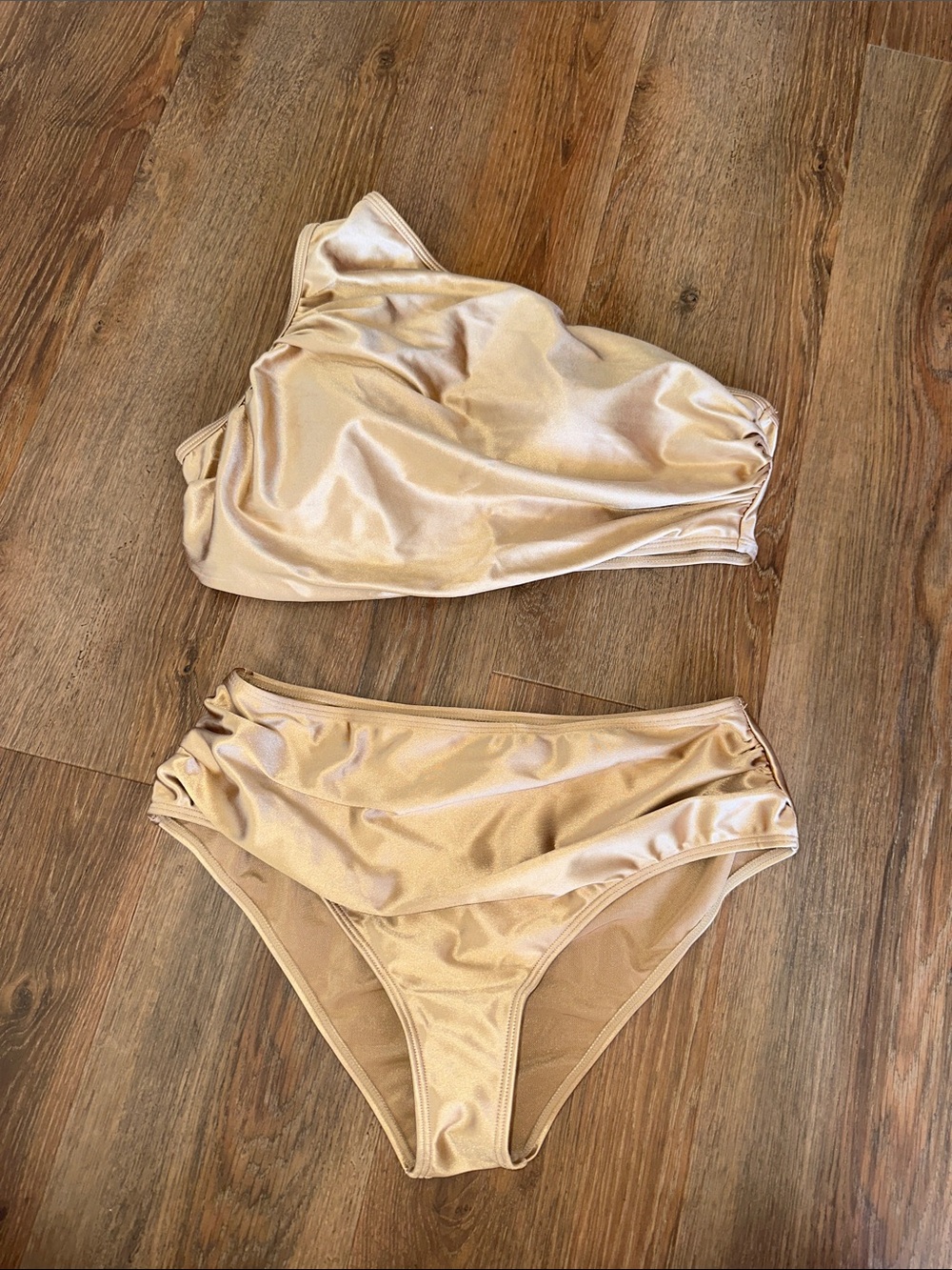 Satin One-Shoulder Bikini Set in Champagne